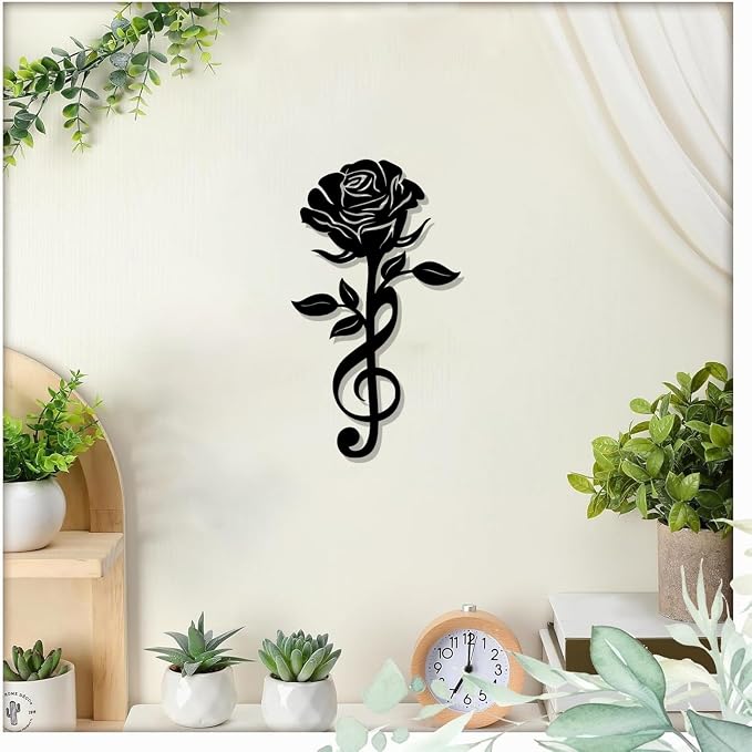 DUOOLN Metal Music Notes Wall Decor Art, Rose Flowers Hanging Painting Sign | Musical-Themed Sculpture|Gift for Music Lovers|Rustic Home Living Room Teacher'S Office Indoor Outdoor |Black 11.8x6.69in