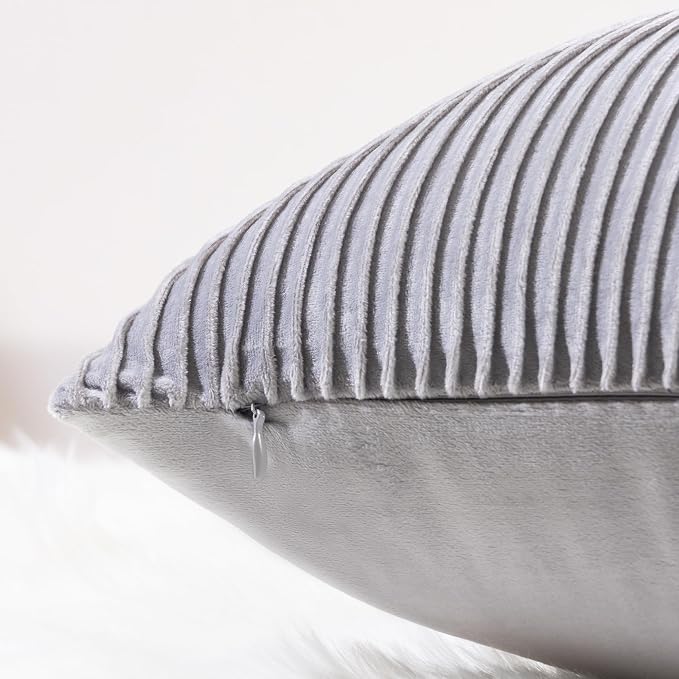 YCOLL Dark Gray Pillow Covers 18x18 Set of 2 Velvet Striped Pattern - Soft Throw Pillows for Home Decor, Luxury Decorative Pillow Covers for Couch, Bed,Living Room