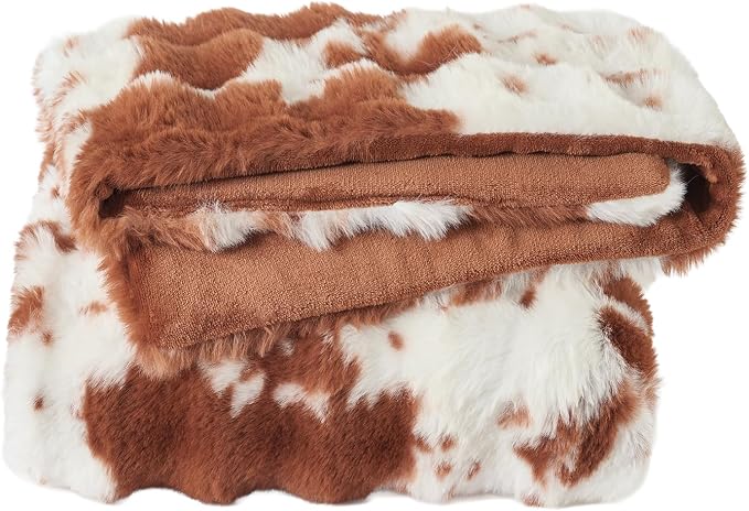 Lotus Karen Faux Fur Throw Blanket Cow Print-Light Brown, Fluffy Fuzzy Plush Bubble Blanket for Couch, 108x90 Inches Cozy Shaggy Rabbit Blanket, Luxury Decorative Gifts for Sofa Bedroom Living Room.
