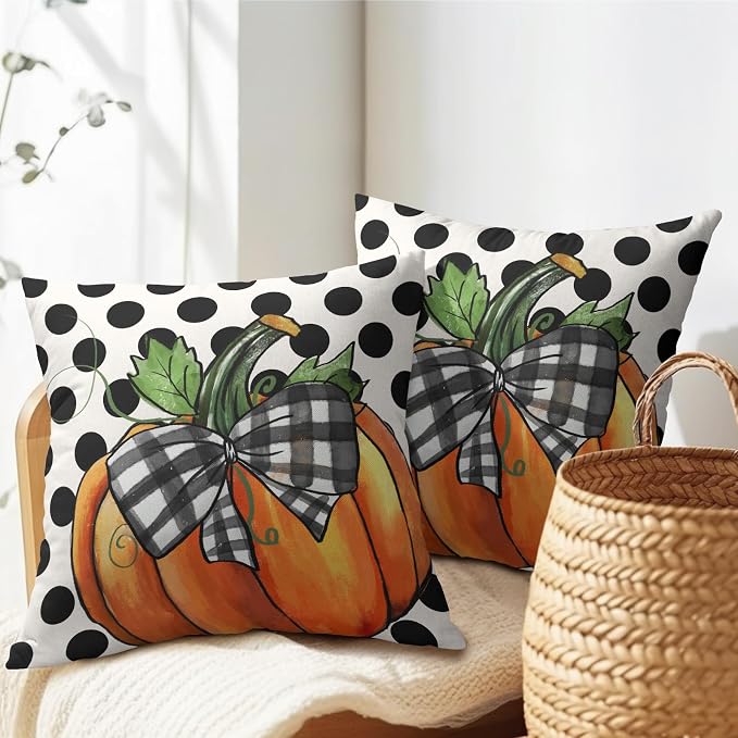 Fall Outdoor Pillows Covers 18x18 Inch Set of 2 Orange Pumpkin Black Polka Dot Decorative Throw Pillowcase Autumn Thanksgiving Seasonal Cushion Case Farmhouse Cotton Linen Pillow Cover for Home Patio