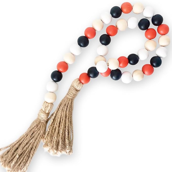 Wood Bead Garland - Wooden Boho Bead Garland with Tassels - Boho Beads Home Decor for Shelf, Table, Wall & Mantel Styling - Colorful Decor Beads by Foundations Décor - Black, White, Orange, Natural