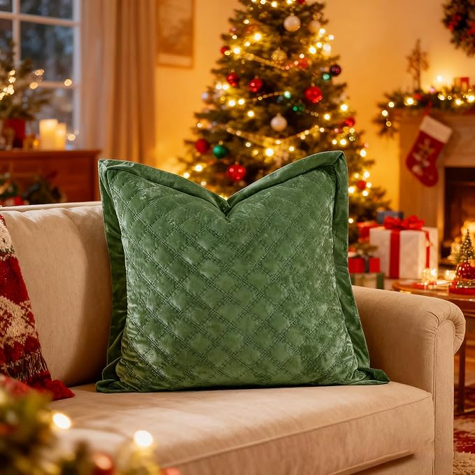 Pillow Cover 24x24 1 Piece Velvet Large Euro Sham with Hidden Zipper Wrinkle Resistant Soft Cross Process Decorative Farmhouse Quilted Cushion Covers for Couch Bed,Green