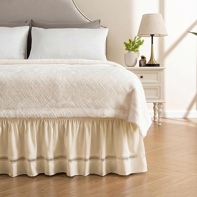 MIYE Wrap Around Ruffled Lace Bed Skirt, Elastic Dust Ruffle with Adjustable Belts, Easy to Put On, Bed Frame Cover, Machine Washable (Ruffled Lace/Light Beige, King/Queen-12.5" Drop)