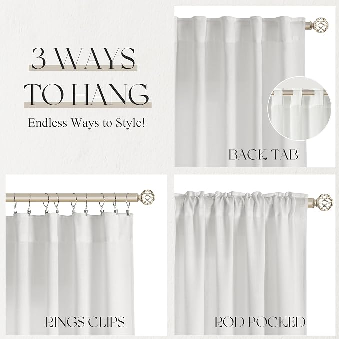 Jowels Off White Linen Curtains 90 Inch Long 2 Panels for Living Room | Light Filtering Semi Sheer Curtain, Back Tab Pocket Pleated Look, Boho Farmhouse Textured Privacy Drapes for Bedroom Window