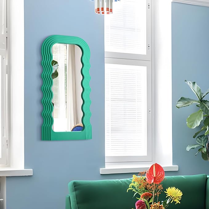 Irregular Green Wall Mirror Living Room Decor,14x28 Arch Mirrors | Soft Flocking Touch,Large Modern Decorative Mirrors for Hallway Entryway Staircase,Over the Bed Wall Art Decoration