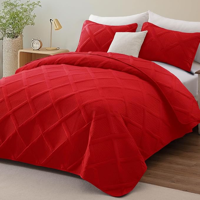 Exclusivo Mezcla Quilt King Size, Red | Soft Bedspreads with 2 Pillow Shams, Modern Striped Pattern, Lightweight Bedding Set Coverlets for All Seasons, 104x96 Inch
