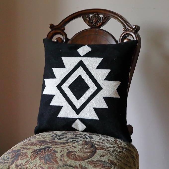IKATYARN Black White Aztec Southwestern Throw Pillow Cover, Boho Tribal Geometric Pillowcase, Modern Farmhouse Cushion Case for Couch Sofa Bed, 16"x16"