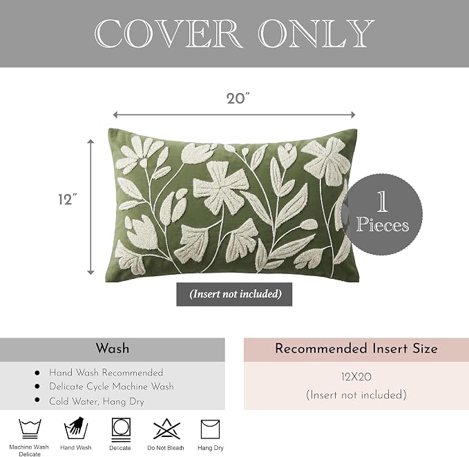 BlissBlush Decorative Lumbar Pillow Cover 12x20 Inch, Olive Green Floral Tufted Velvet Accent Pillow Case for Sofa Bed Living Room, Cover Only