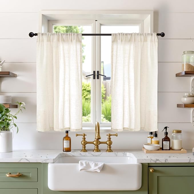 BGment Linen Kitchen Window Curtains Over Sink, 36 Inch Length Cafe Drapes | Beige Semi Sheer with Rod Pocket Light Filtering for Bathroom Small Window, 2 Panels Set, 30 X 36 Inch
