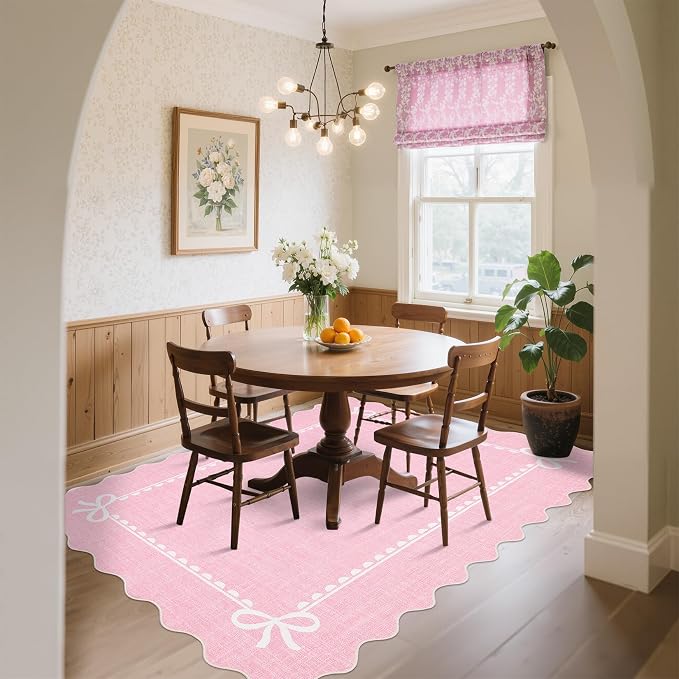 COZYLOOM 4x6 Scalloped Living Room Rugs Washable Kids Bedroom Rug, Non Slip Stain Resistant Modern Bow Rug Non Shedding Low Pile Solid Carpet Foldable Bordered Mats for Entryway, Dining Room, Pink