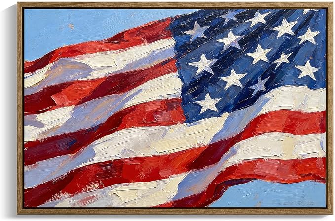 American Flag Framed Canvas Wall Art, 4th of July Patriotic Canvas Prints | USA Flag with Picture Poster Print, Modern Independence Day Wall Decor for Bedroom Living Room Office 12×16in