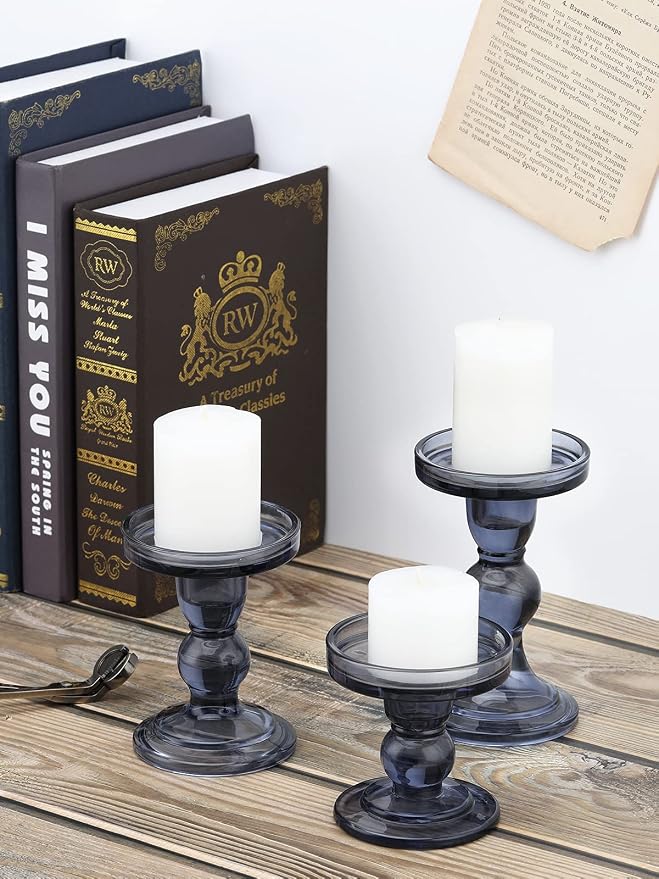 Lewondr Glass Candle Holders, Pillar Candle Holder, 3 Pcs, Smoky Blue