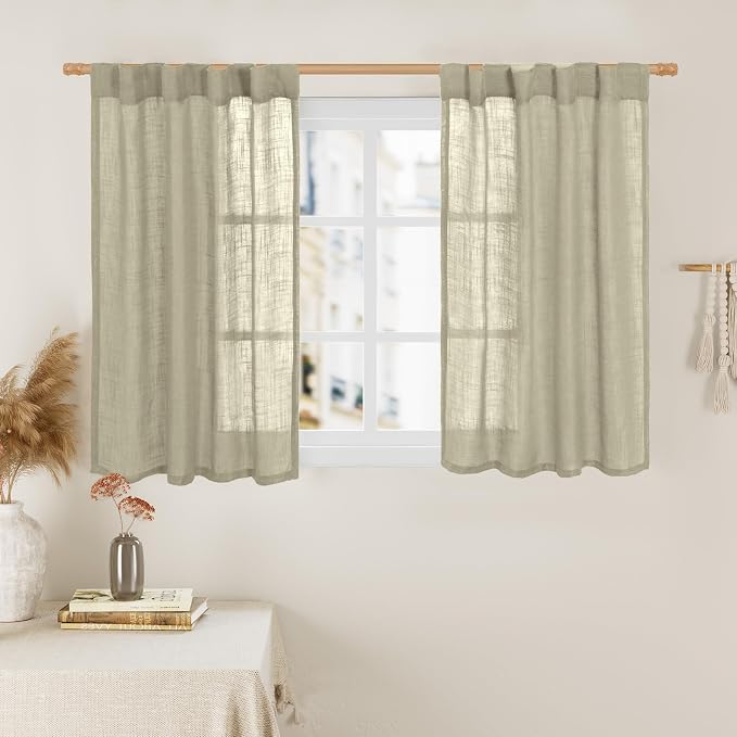 40 Inch Length Linen Curtains for Small Windows Over Silk 2 Panels | Semi Sheer, Light Filtering Panels, Rod Pocket Back Tab, Country Decor Drapes for Basement, Kitchen, Oatmeal, 34 x 40 Inch