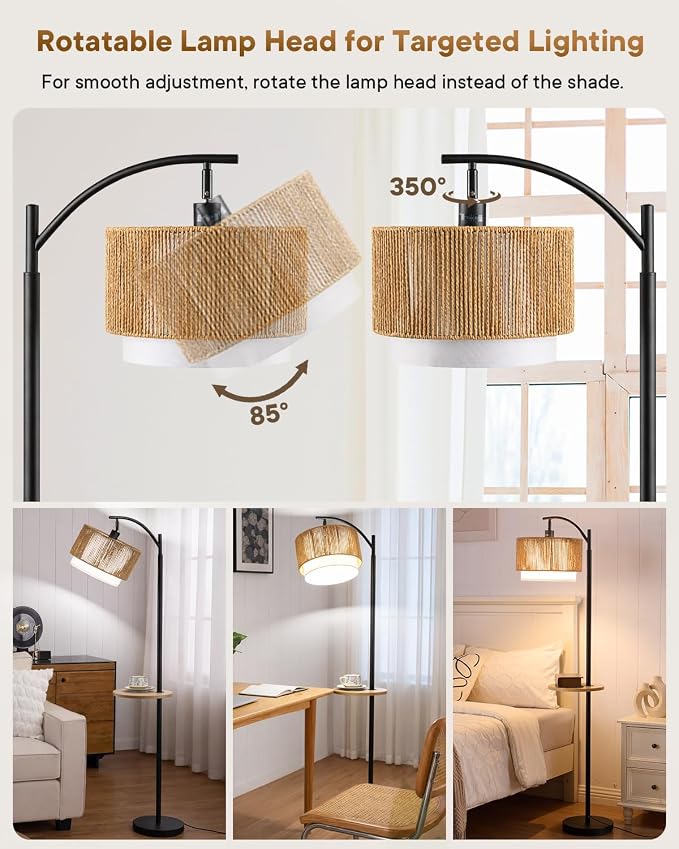 PESRAE Rattan Floor Lamp for Living Room, Farmhouse Arc Standing Lamp