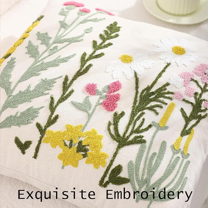 Embroidered Throw Pillow Covers 18x18 Pack of 2 Floral Decorative Pillow Covers Daisy Flowers Tufted Pillowcases Farmhouse Pillow Cushion Cases Square Pillow Case Summer Home Decor