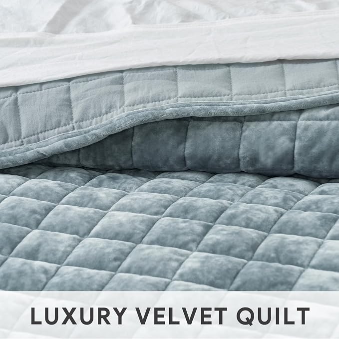 RECYCO Channel Box Stitch Velvet Quilt Set, Full Queen Size, Blue Linen | Ultra Soft Lightweight Velvet Comforter, Luxury Oversized Bedspread Coverlet, Quilted Bedding Set for All Season with 2 Shams