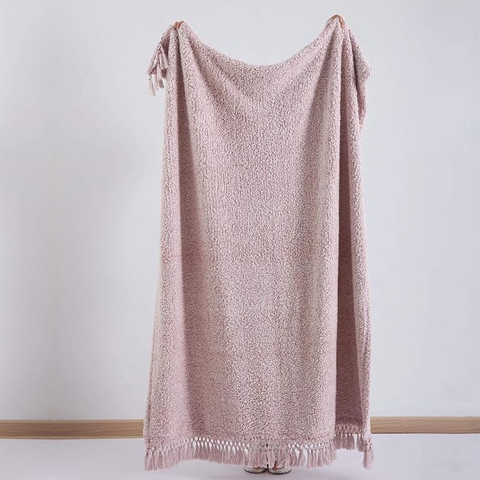 Ultra Soft Fleece Sherpa Blanket King Size,Lightweight Cozy Boho Bed Blanket with Decorative Tassel, Pattern Reversible, 2 Tones Ombre Dusty Pink,104”x90”