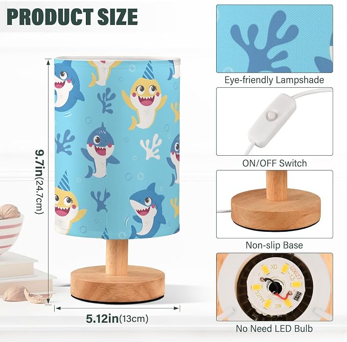 Bedside Lamp Cute Shark Table Lamp for Bedroom LED Nightstand Lamp Shade USB Ports Wood Base for Living Room Dorm Office