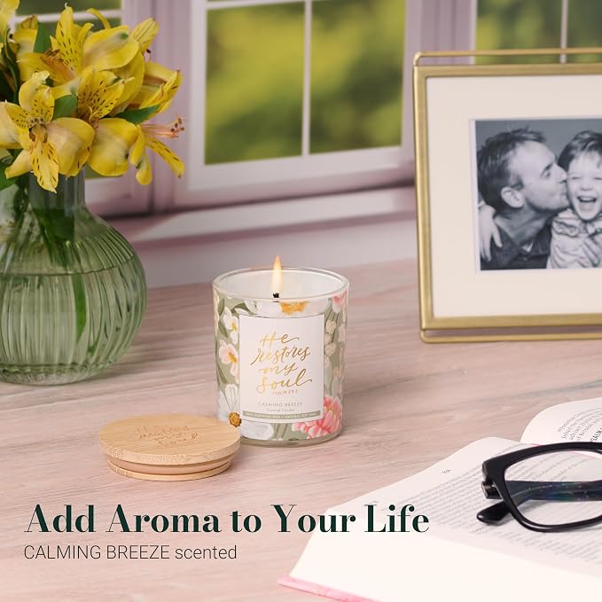 Christian Art Gifts Soy Wax Scented Candle: He Restores My Soul Bible Verse