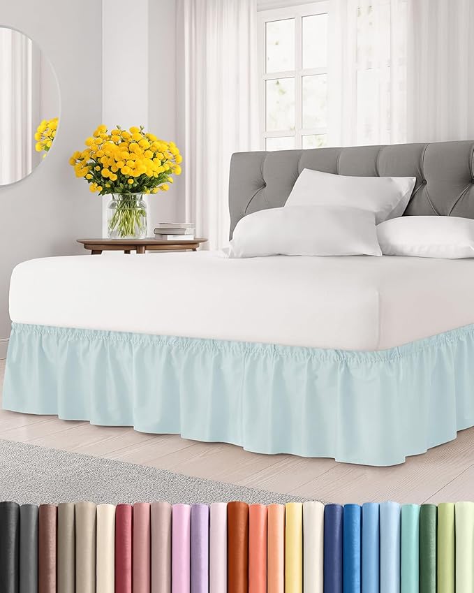 Wrap Around Dust Ruffle Bed Skirt - College Dorm Room - Twin/Twin XL | Ice Blue, 15 Inch Drop, Elastic Strap & Adjustable Pleated Bedskirt, Wrinkle Free, for Women, Men, Students, Kids & Teens