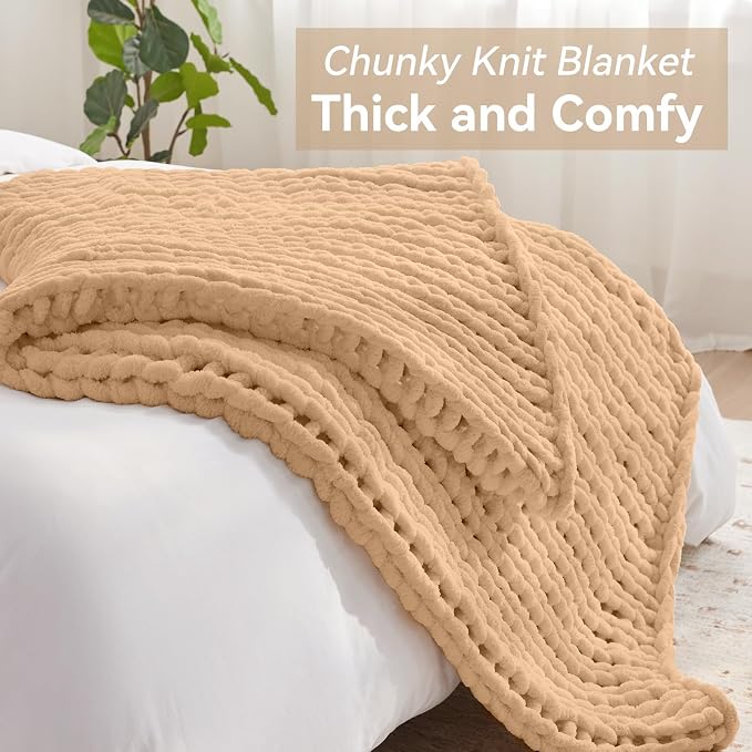 Negwoo Chunky Knit Throw Blanket, Knitted Throw Chenille Yarn, 30"*40" | Soft Thick Cable Knitted Blankets, Handmade Big Thick Blanket, Machine Washable Cute Comfy Blanket for Home Decor, Beige