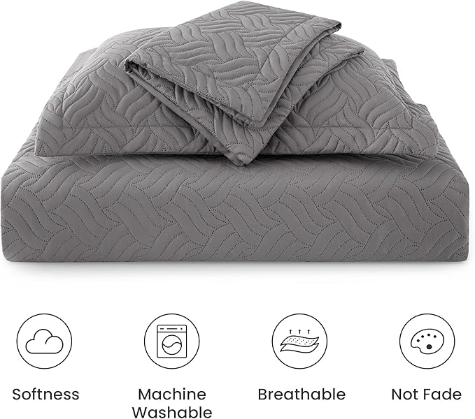 Love's cabin Quilts for Queen Bed Grey Bedspreads Bedding Set - Summer Lightweight Bedspread Comforter - Wave Pattern Bedding Coverlet for All Season - 3 Pieces (1 Quilt, 2 Pillow Shams)