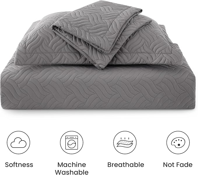 Love's cabin Quilts for Full Bed Grey Bedspreads Bedding Set - Lightweight Bedspread Comforter - Wave Pattern Bedding Coverlet for All Season - 3 Pieces (1 Quilt, 2 Pillow Shams)
