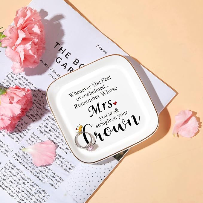 PUDDING CABIN Mothers Day Gifts for Wife Mrs. Jewelry Dish - Remember Whose Mrs. you are & Straighten Your Crown - Engagement Wedding Ring Holder Jewelry Tray, Anniversary Birthday Gift for Wife