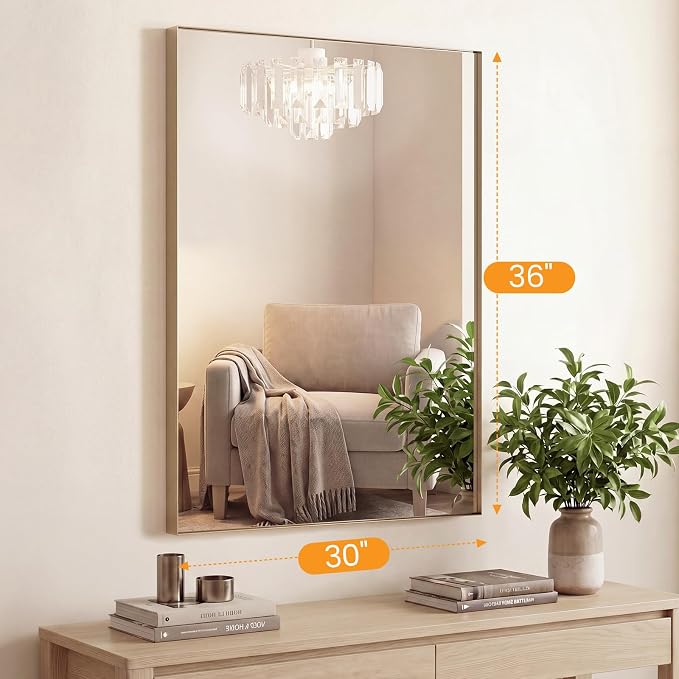 Bathroom Mirrors for Over Sink, 30" x 36" Rectangle Wall Mount Mirror with Metal Frame, Modern Vanity Mirror with Tempered Glass, for Home Decor, Anti-Rust, Gold