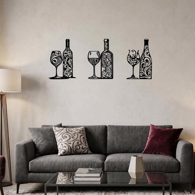 Otoolling 3 Pcs Wine Wall Art Black Metal Wine Sign 3 Style Modern Metal Bar Decor for Wall Drinker Gift for Dining Room and Entertaining Spaces(Filigree)