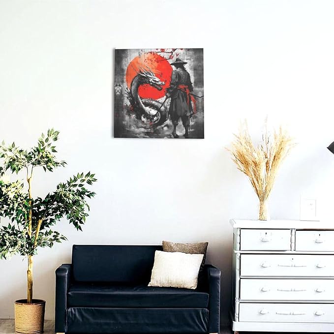 Wesluin 16"x16" Samurai Dragon Canvas – Red Sun Japanese Wall Art | Legendary duel unfolds beneath the rising crimson orb. Monochrome warrior versus beast. Hook included, ready to hang.
