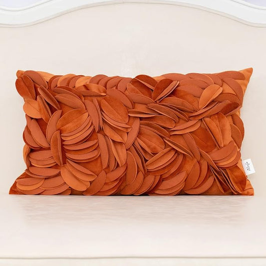 Alerfa 3D Leaves Handmade Throw Pillow Cover Decorative Floral Velvet Pillowcase Cushion Cover for Couch Bed Living Room Home Decor 12x20 Inche, Orange