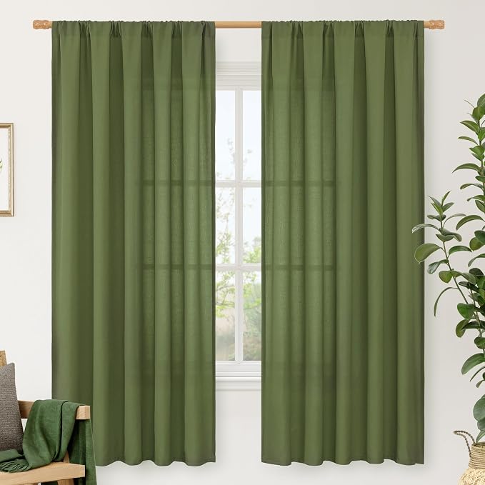 Olive Green Semi Sheer Linen Curtains 72 Inch Length for Living Room | Light Filtering, Faux Linen Textured, Neutral, Christmas Panels for Farmhouse, Bedroom, Rod Pocket, 2 Panels, 52 x 72 Inch
