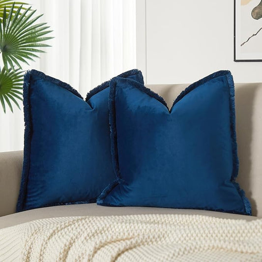 JUSPURBET Navy Blue Velvet Throw Pillow Covers 18x18 Inch Set of 2 with Soft Tassel Fringe Luxury Boho Pillowcase for Sofa Couch Bed Home Decor Machine Washable