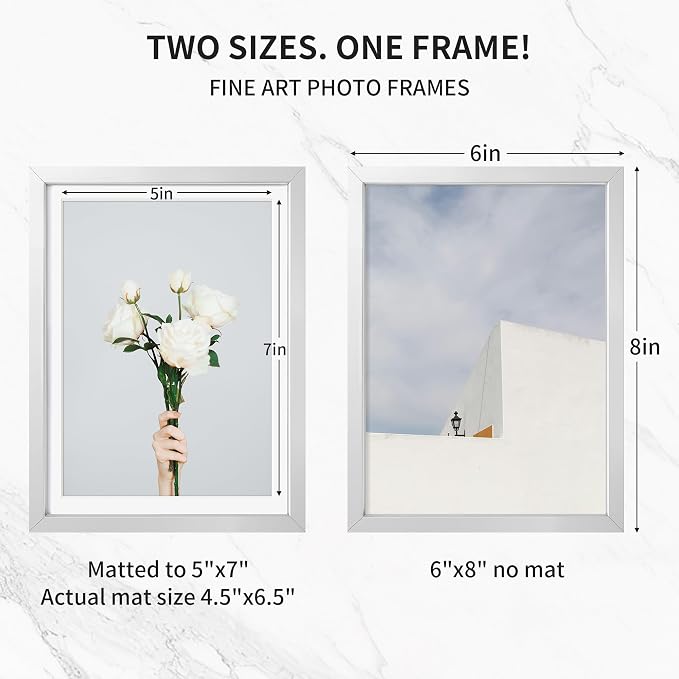 Fun Memories 6x8 Metal Picture Frame - 6 x 8 Aluminum Photo Frames with 5x7 Removable Mat- Ideal for Wall or Tabletop Display - Wall Hook Hanging Hardware Included (Silver, 1 Pack)