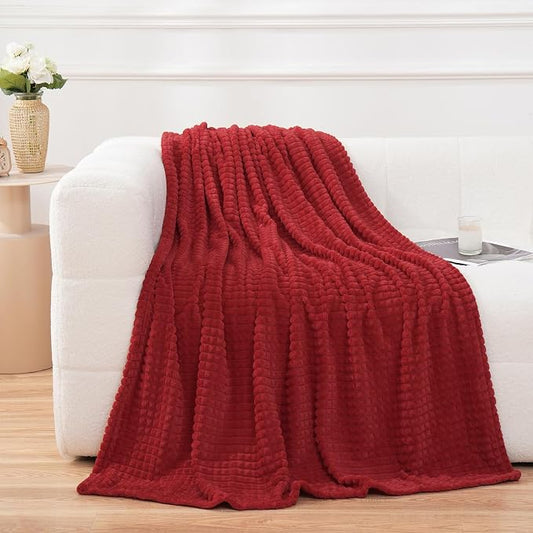 Puncuntex Fleece Throw Blanket Red 50"×60" with Square Grid Design | Super Soft Plush Cozy Flannel Throw Blanket Luxury for Couch Sofa Chair