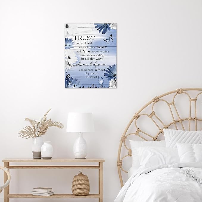 LB Rustic Blue Floral Wall Art for Bathroom Bible Verse on Vintage Grey Wood Canvas Wall Art Wall Paintings Home Decor Butterfly Wall Pictures for Living Room Bedroom Office Ready To Hang,16x24 Inch
