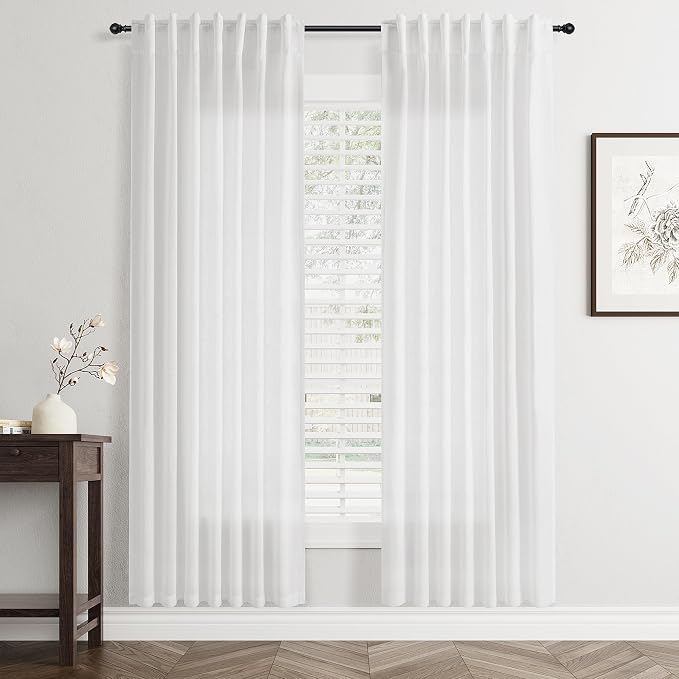 Jowels White Linen Curtains 78 Inch Long 2 Panels for Living Room | Light Filtering Semi Sheer Curtain, Back Tab Pocket Pleated Look, Boho Farmhouse Textured Privacy Drapes for Bedroom Window