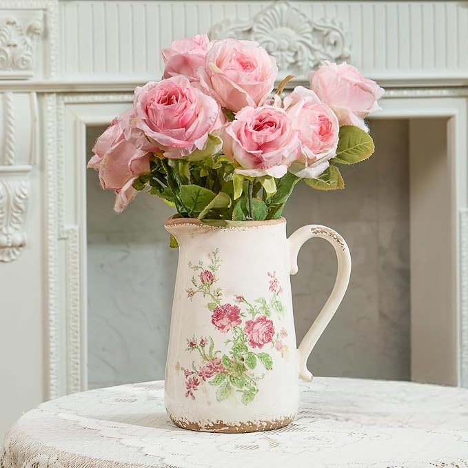 Retro Rustic Large Ceramic Vase with Handle, Distressed Farmhouse Pitcher for Home, Ideal Shelf Decor, Red Rose Floral Vase for Living Room Bedroom Office Table Centerpiece Decorations 9 Inch