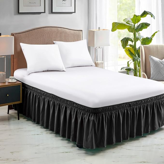 FreshCulture King Bed Skirt, Dust Ruffle for King Size Bed, Easy Fit with 22-Inch Tailored Drop, Elastic Wrap Around Bed Skirt King Size, Hotel Quality Bed Skirts for Adjustable Bed (Black)