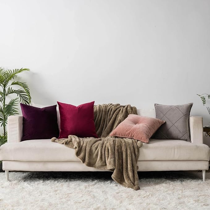 Eggplant Purple Soft Velvet Throw Pillow Covers 24x24 inch Set of 2 for Sofa Couch Bed Living Room Decorative Luxury Solid Rectangle Cushion Covers Case with Zipper