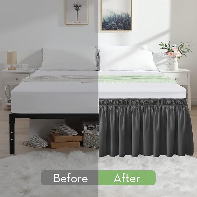Dark Grey Bed Skirt King Size 18" Drop, Elastic Wrap Around Bedskirt | Solid Ruffled, Easy to Use, No Mattress Lifting, Wrinkle & Fade Resistant, with Adhesive Strips, Machine Wash/Dry/Iron