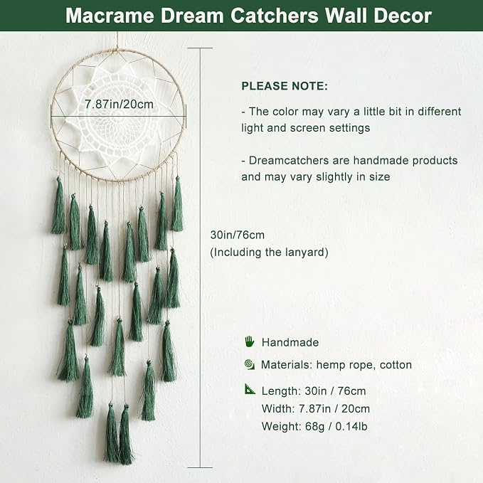 Artilady Macrame Dream Catcher Wall Hanging, Large Boho Green Room Decor