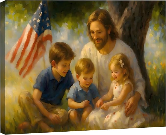 RIBNTAK Made in USA Patriotic Christian Wall Art, Jesus with Kids and US Flag Canvas Print, Inspirational Religious Home Decor for 4th of July, Memorial Day, and Christian Family Gifts