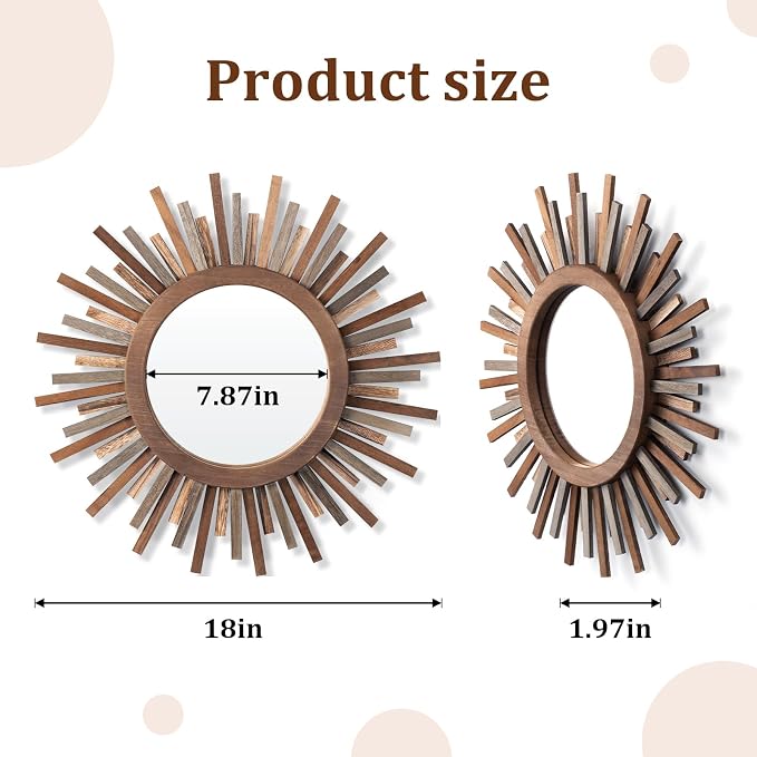 18 Inch Boho Sunburst Mirror, Decorative Rustic Farmhouse Wall Decor for Living Room, Bedroom, Bathroom, Hallway - Tricolor Wood Frame