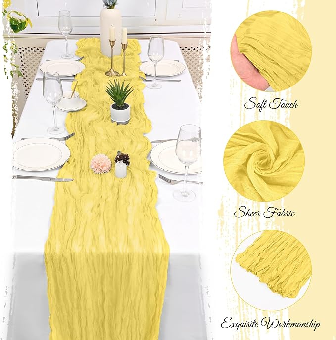 10 Pack Light Yellow Cheesecloth Table Runner 17x108 Inch Boho Gauze Cheese Cloth Table Runners for Wedding Party Baby Shower Birthday Home Decor