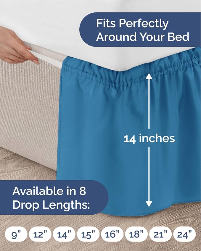 Wrap Around Dust Ruffle Bed Skirt - Denim Blue - for Twin Size Beds w/ 14 Inch Drop - Easy Fit Elastic Strap - Adjustable Pleated Bedskirt w/Brushed Fabric - Wrinkle Free - Women, Men, Kids & Teens