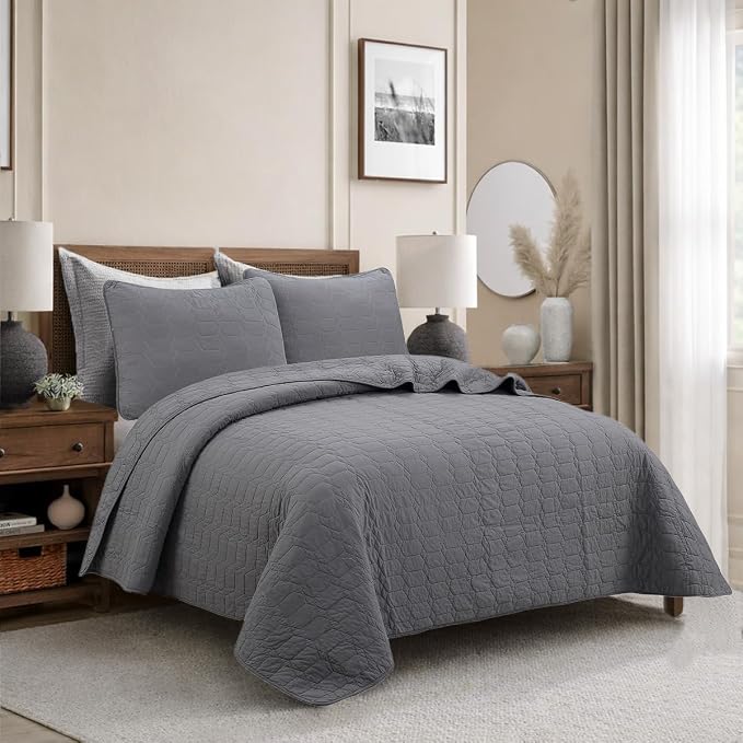 Cozy Line Home Fashions 100% Cotton Quilt Set – 3-Piece Charcoal Gray Solid Classic Modern Geometric Quilted Bedspread with Shams, Lightweight All Season Modern Bedding (Hexagon Gray, King)