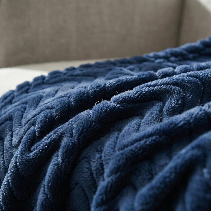 Exclusivo Mezcla Soft Fleece Blanket Twin Size for Bed, Sofa, Navy Blue | 90"x66" Breathable Lightweight Flannel Blanket for Summer, Plush Cozy Jacquard Wave for Home Decor