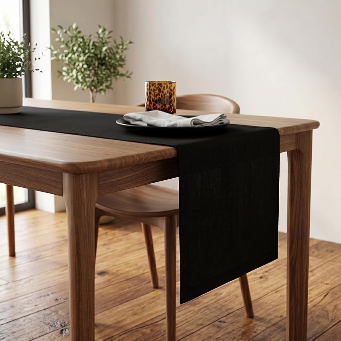 Solino Home 100% Pure Linen Dining Table Runner Black, Fete 14 x 108 in | brings a tailored look to family meals and hosting, European flax fibres, handloomed texture, soft, fine, OEKO-TEX Certified